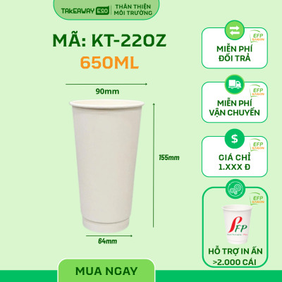 Ly Giấy Trắng 2 Lớp 22oz-650ml (Dùng Nóng/Lạnh)